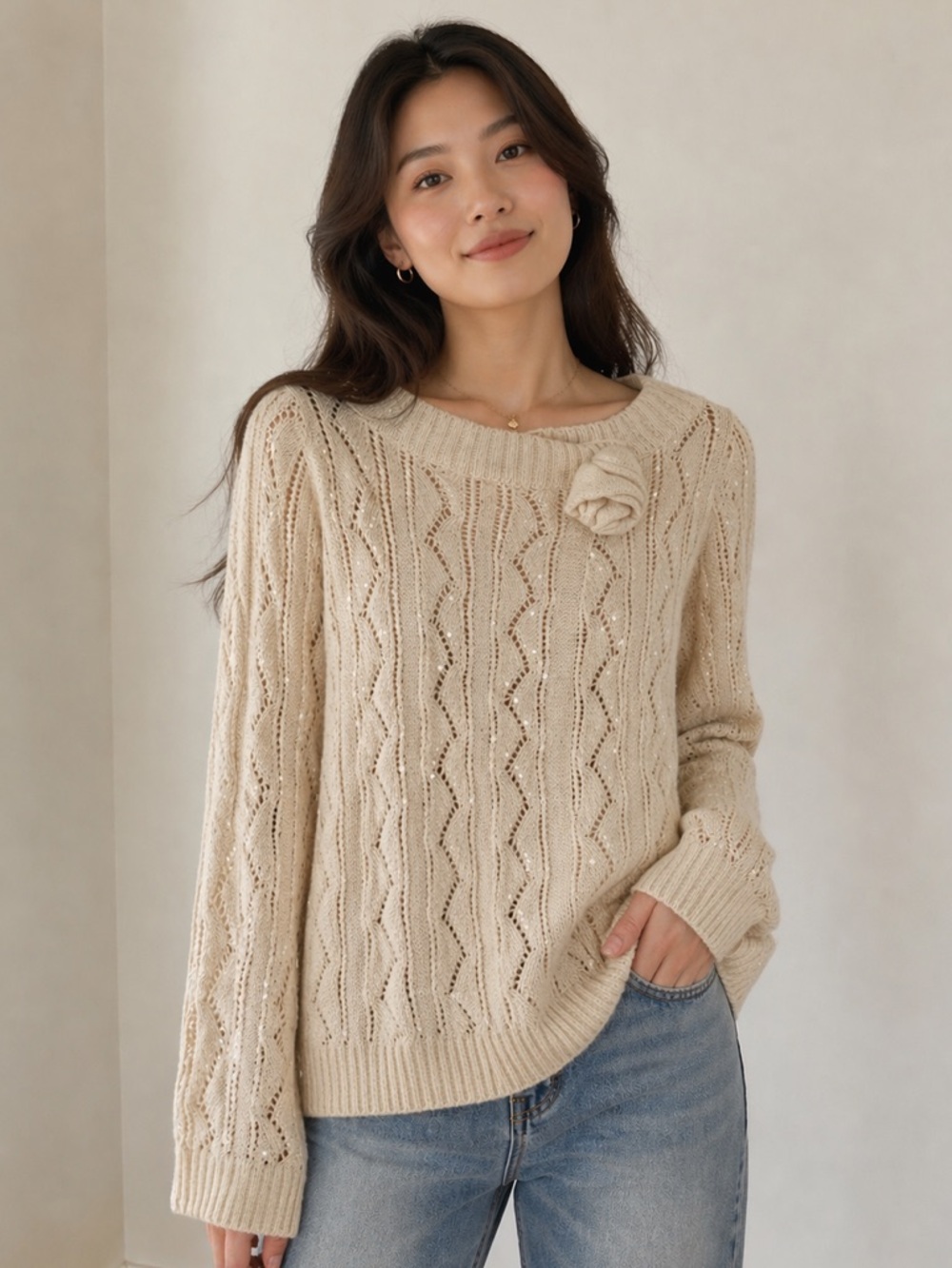 Magaschoni Ivory Embellishment Crop Sweater Size S